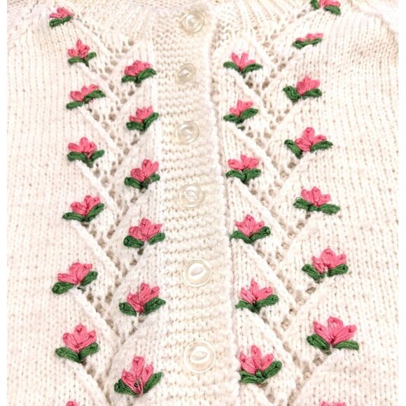 Vintage Girls Cardigan Sweater Handmade White Pink Embroidered Flowers Buttons - Picture 2 of 3